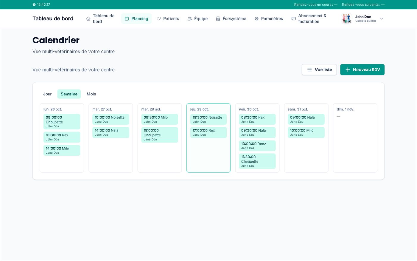 Calendrier multi-vétérinaires du centre dans Vetzy