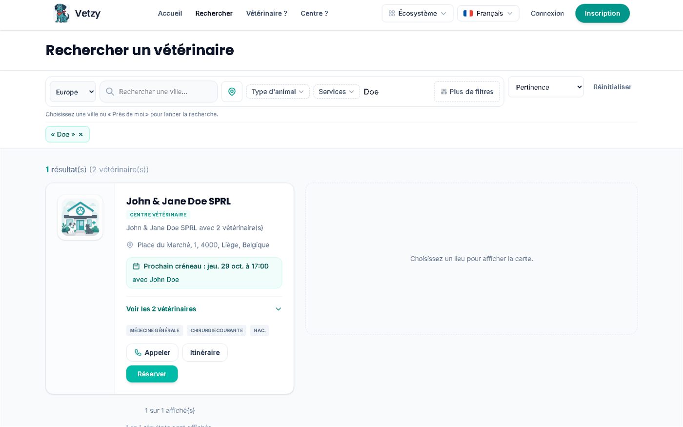 Page de recherche de vétérinaires Vetzy avec le prochain créneau libre